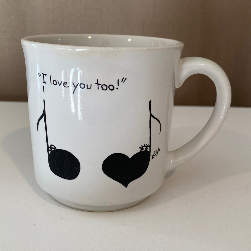 Vintage Rubes Coffee Mug "I Love You Too!" Musical Notes Cartoon 3.5”